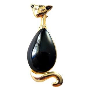 Vtg Mid Century Gold Tone Black Enamel Tall Cat Pin Brooch